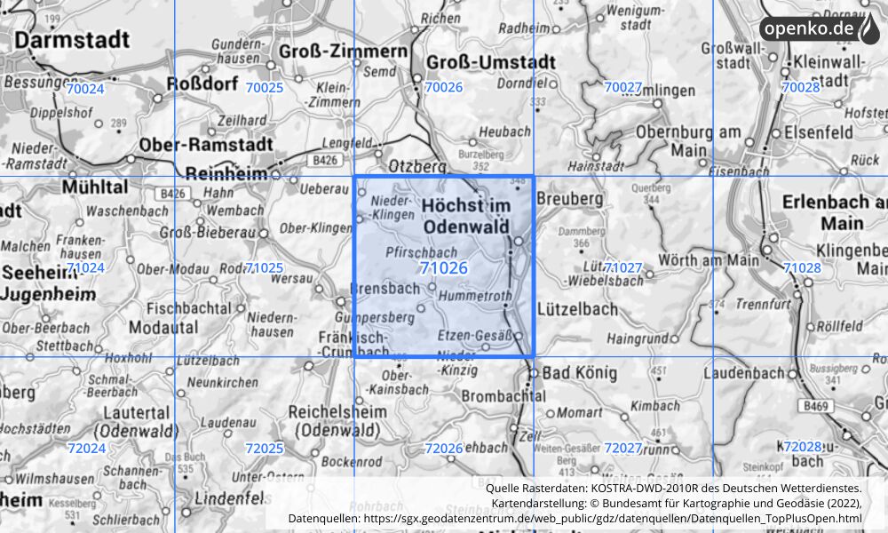 Übersichtskarte KOSTRA-DWD-2010R Rasterfeld Nr. 71026 mit angrenzenden Feldern