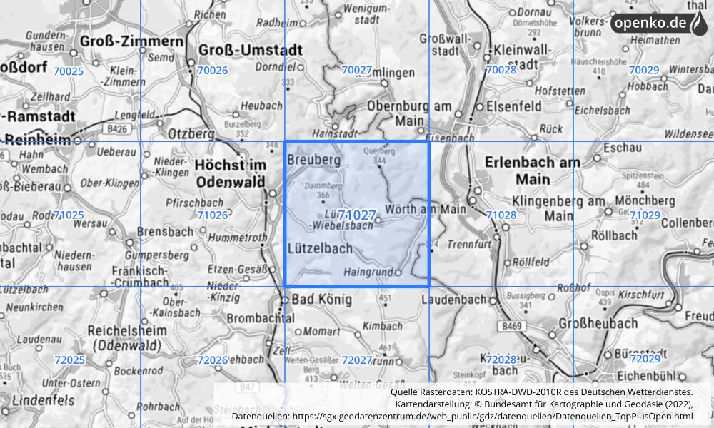 Übersichtskarte KOSTRA-DWD-2010R Rasterfeld Nr. 71027 mit angrenzenden Feldern