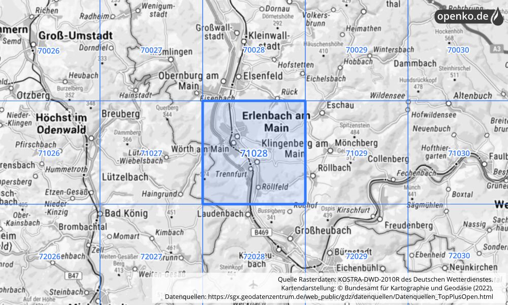 Übersichtskarte KOSTRA-DWD-2010R Rasterfeld Nr. 71028 mit angrenzenden Feldern