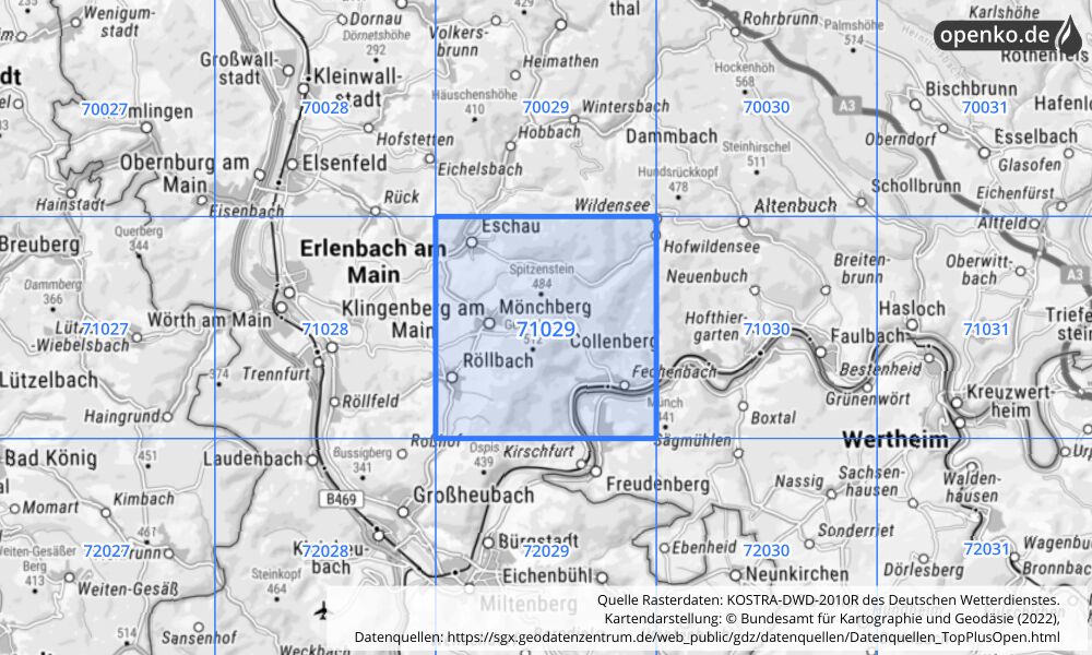 Übersichtskarte KOSTRA-DWD-2010R Rasterfeld Nr. 71029 mit angrenzenden Feldern