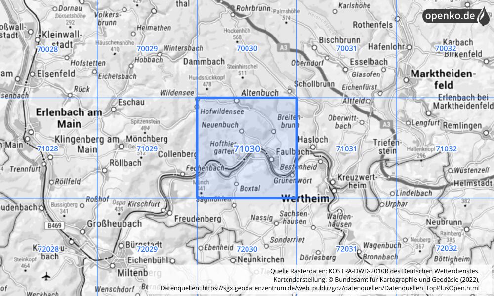 Übersichtskarte KOSTRA-DWD-2010R Rasterfeld Nr. 71030 mit angrenzenden Feldern