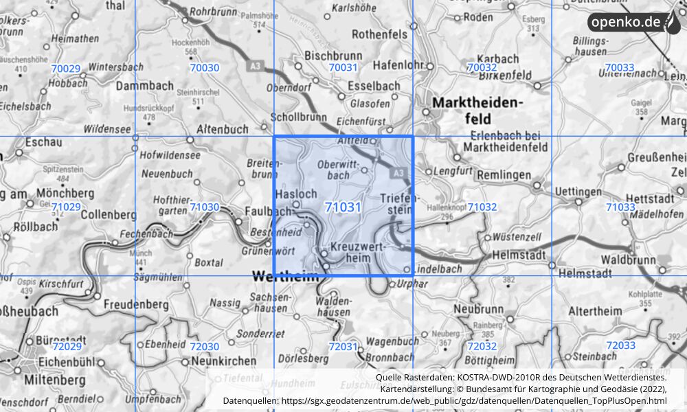 Übersichtskarte KOSTRA-DWD-2010R Rasterfeld Nr. 71031 mit angrenzenden Feldern