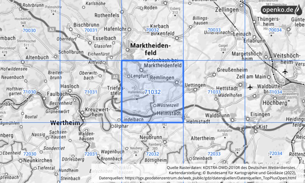 Übersichtskarte KOSTRA-DWD-2010R Rasterfeld Nr. 71032 mit angrenzenden Feldern