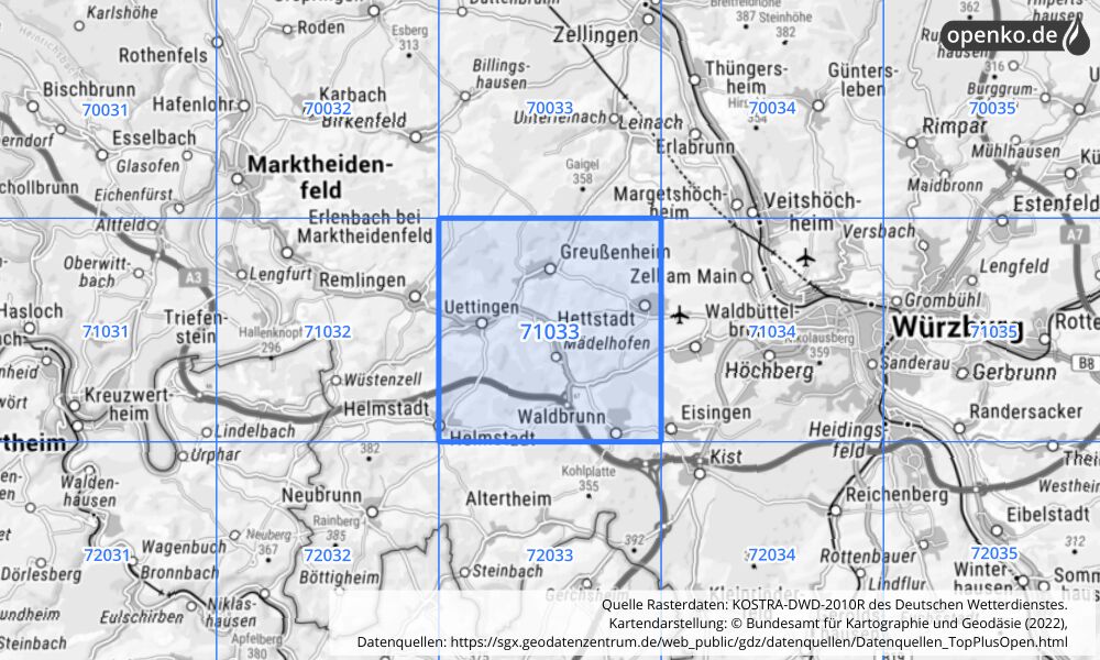 Übersichtskarte KOSTRA-DWD-2010R Rasterfeld Nr. 71033 mit angrenzenden Feldern