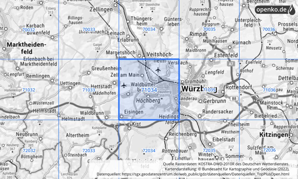 Übersichtskarte KOSTRA-DWD-2010R Rasterfeld Nr. 71034 mit angrenzenden Feldern