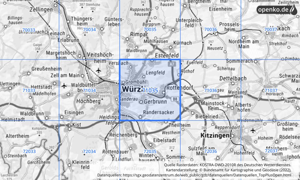 Übersichtskarte KOSTRA-DWD-2010R Rasterfeld Nr. 71035 mit angrenzenden Feldern