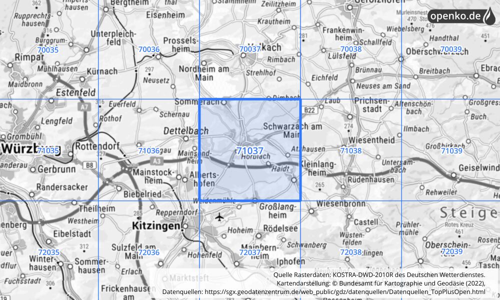 Übersichtskarte KOSTRA-DWD-2010R Rasterfeld Nr. 71037 mit angrenzenden Feldern