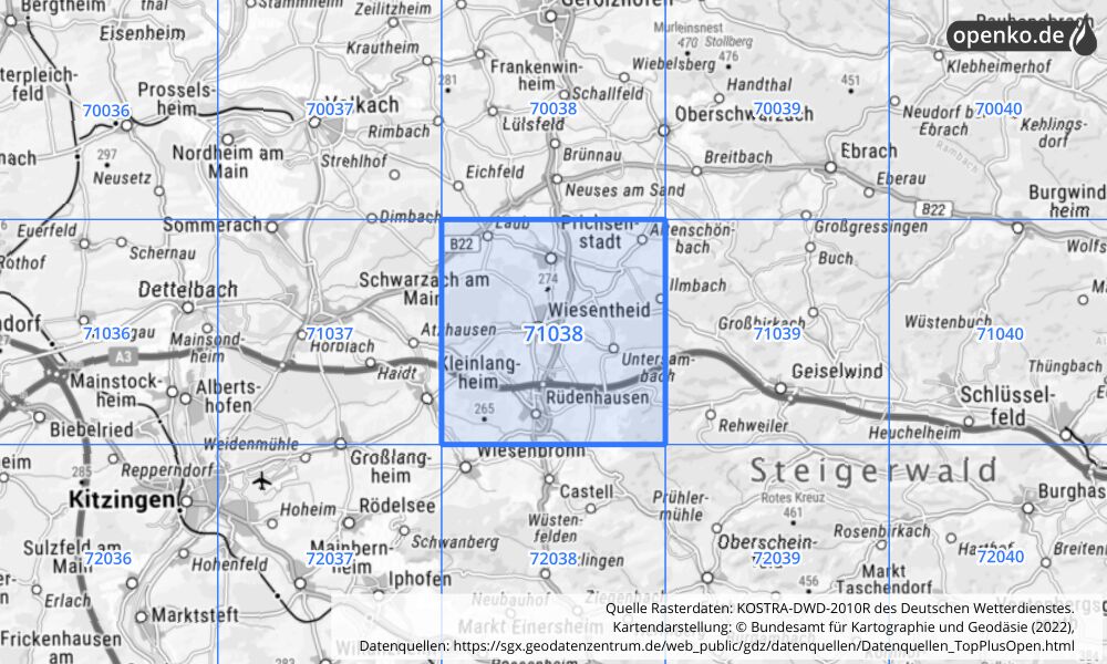 Übersichtskarte KOSTRA-DWD-2010R Rasterfeld Nr. 71038 mit angrenzenden Feldern