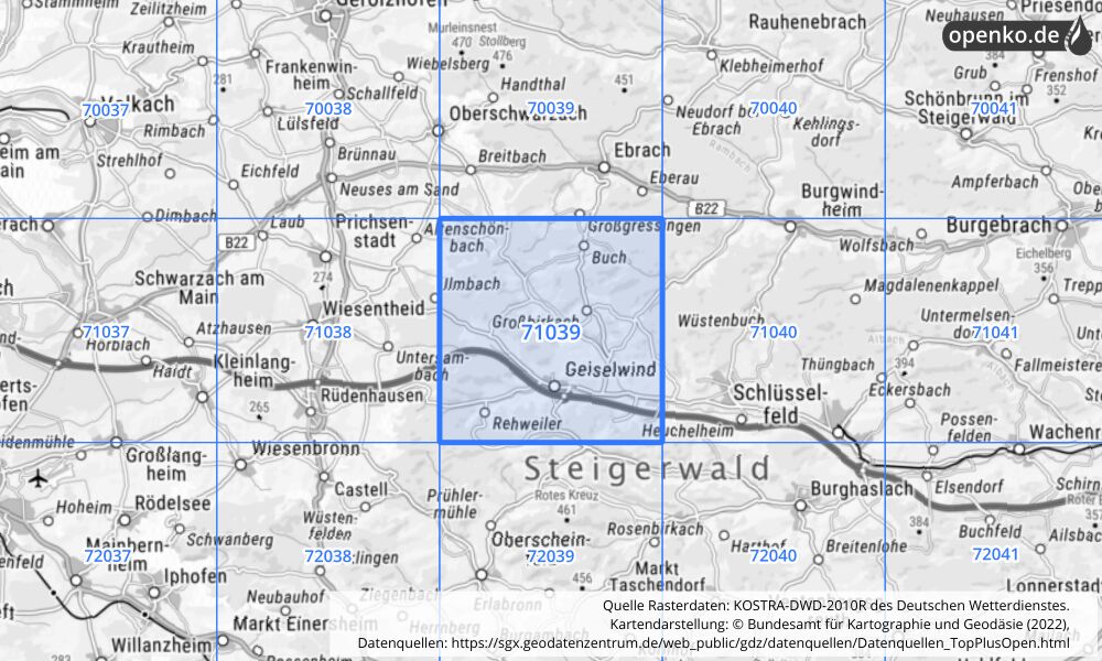 Übersichtskarte KOSTRA-DWD-2010R Rasterfeld Nr. 71039 mit angrenzenden Feldern