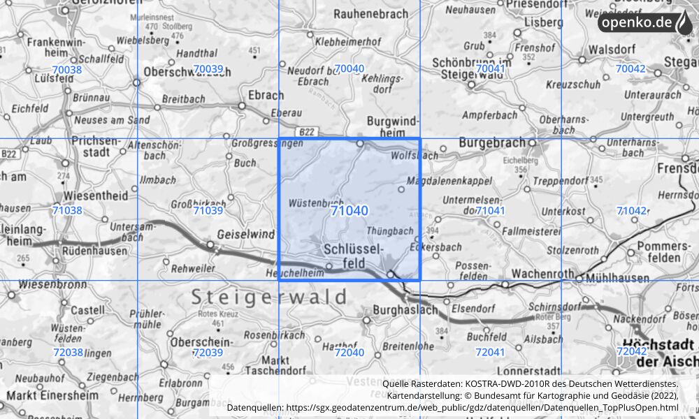 Übersichtskarte KOSTRA-DWD-2010R Rasterfeld Nr. 71040 mit angrenzenden Feldern