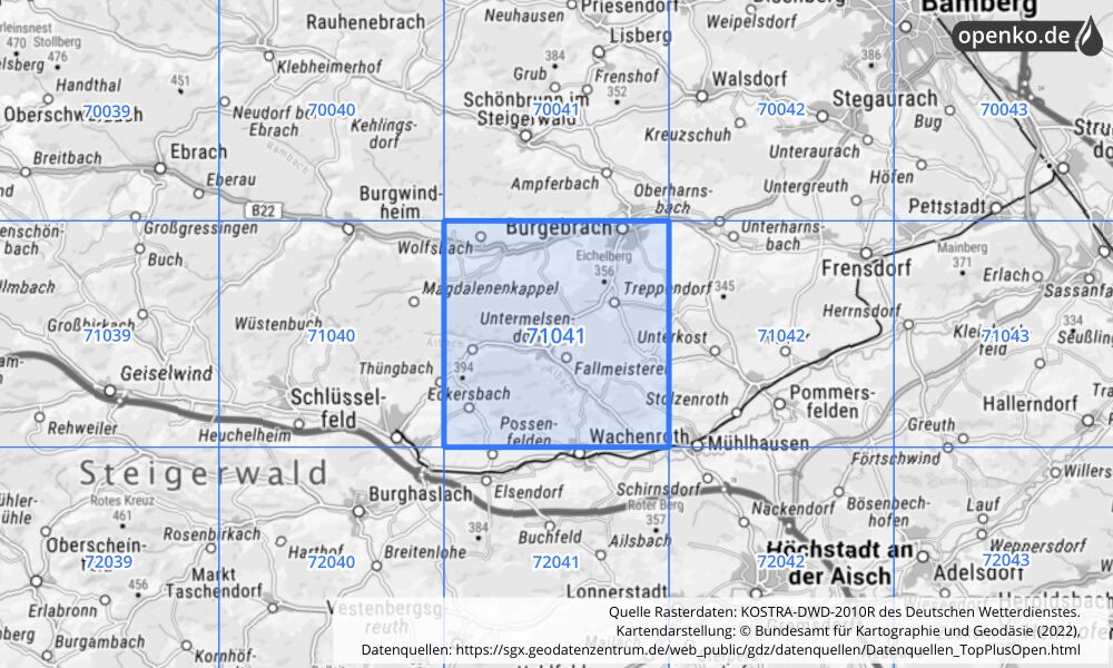 Übersichtskarte KOSTRA-DWD-2010R Rasterfeld Nr. 71041 mit angrenzenden Feldern