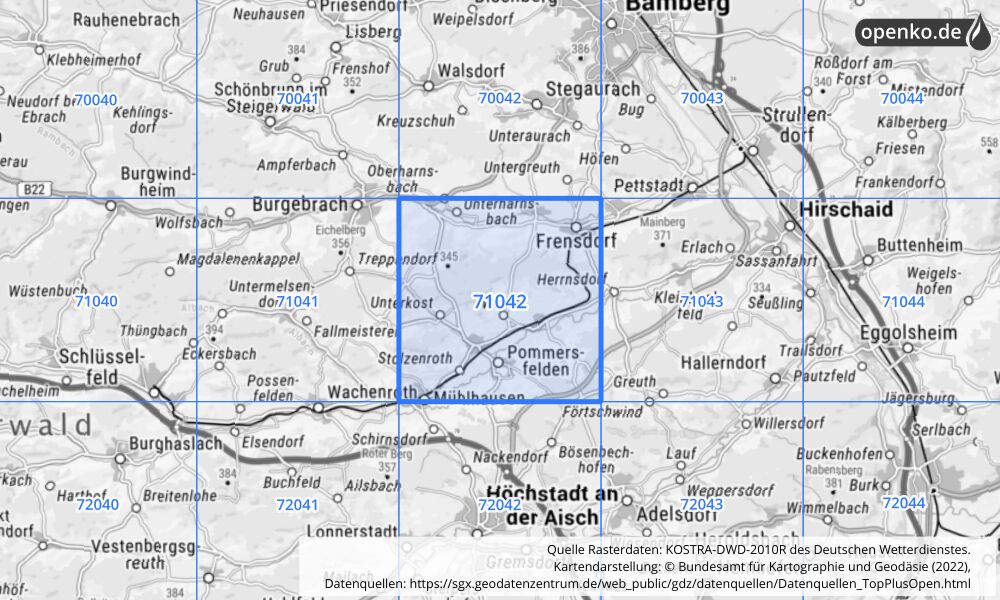 Übersichtskarte KOSTRA-DWD-2010R Rasterfeld Nr. 71042 mit angrenzenden Feldern