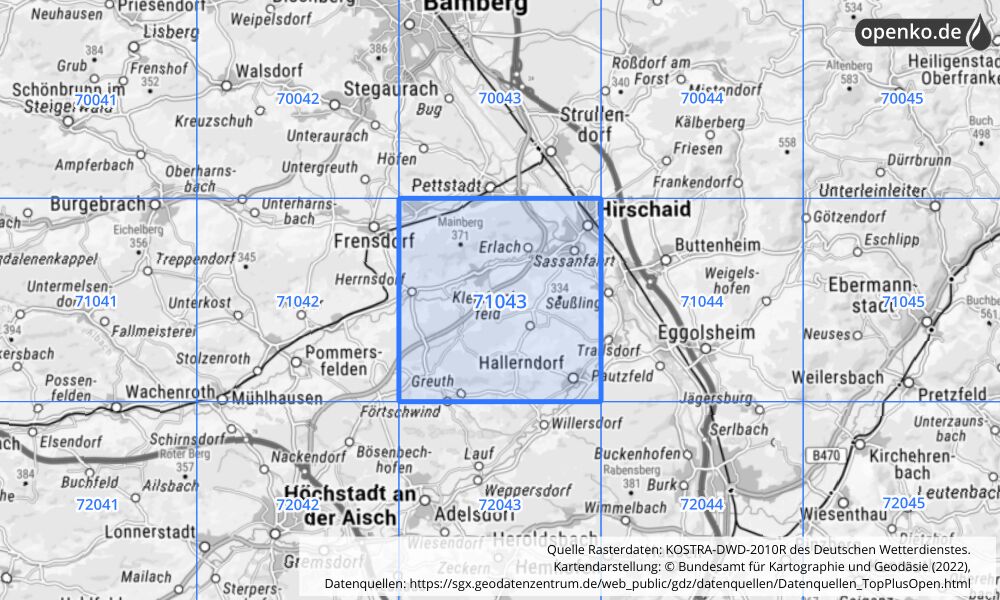 Übersichtskarte KOSTRA-DWD-2010R Rasterfeld Nr. 71043 mit angrenzenden Feldern