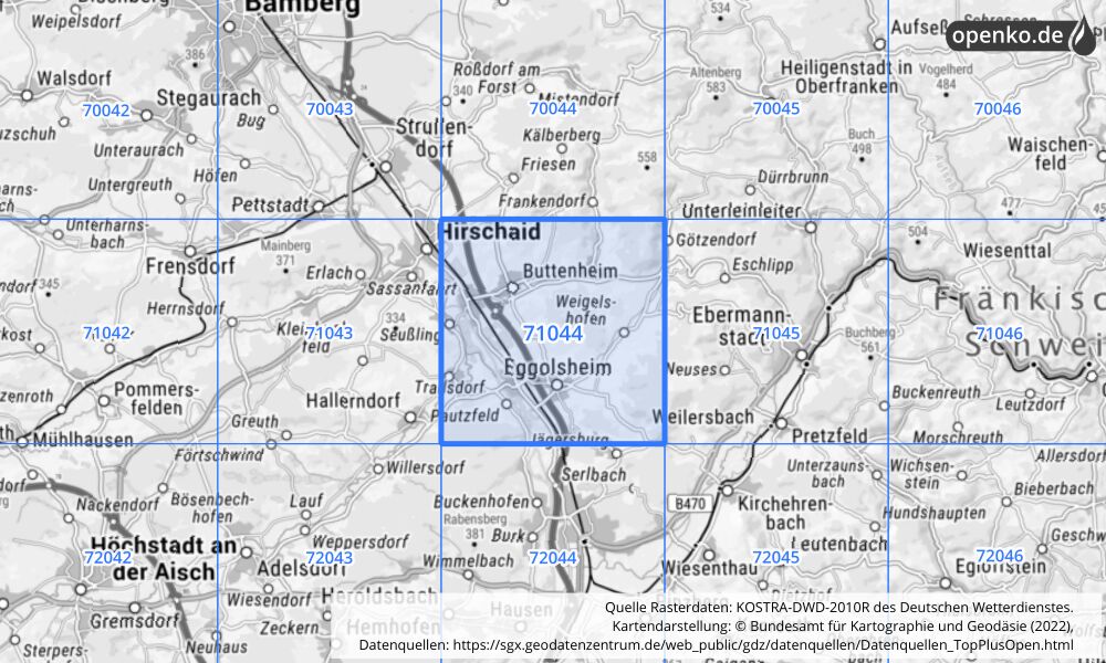 Übersichtskarte KOSTRA-DWD-2010R Rasterfeld Nr. 71044 mit angrenzenden Feldern