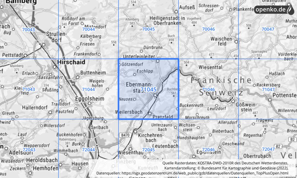 Übersichtskarte KOSTRA-DWD-2010R Rasterfeld Nr. 71045 mit angrenzenden Feldern