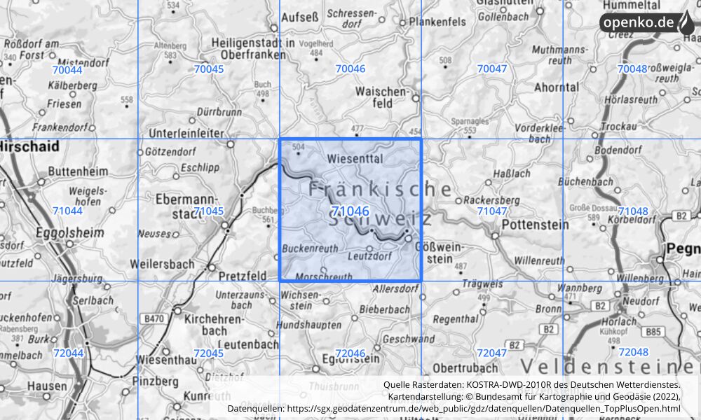 Übersichtskarte KOSTRA-DWD-2010R Rasterfeld Nr. 71046 mit angrenzenden Feldern