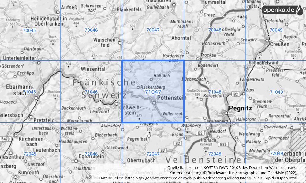 Übersichtskarte KOSTRA-DWD-2010R Rasterfeld Nr. 71047 mit angrenzenden Feldern