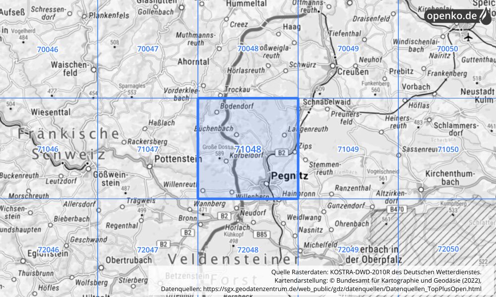 Übersichtskarte KOSTRA-DWD-2010R Rasterfeld Nr. 71048 mit angrenzenden Feldern