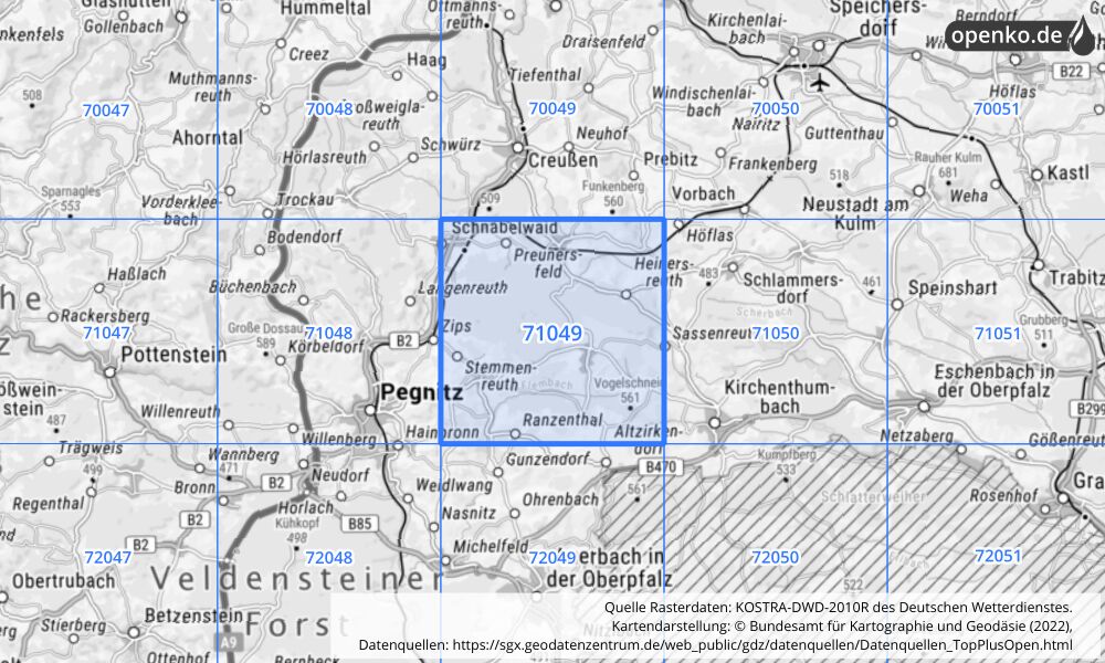 Übersichtskarte KOSTRA-DWD-2010R Rasterfeld Nr. 71049 mit angrenzenden Feldern