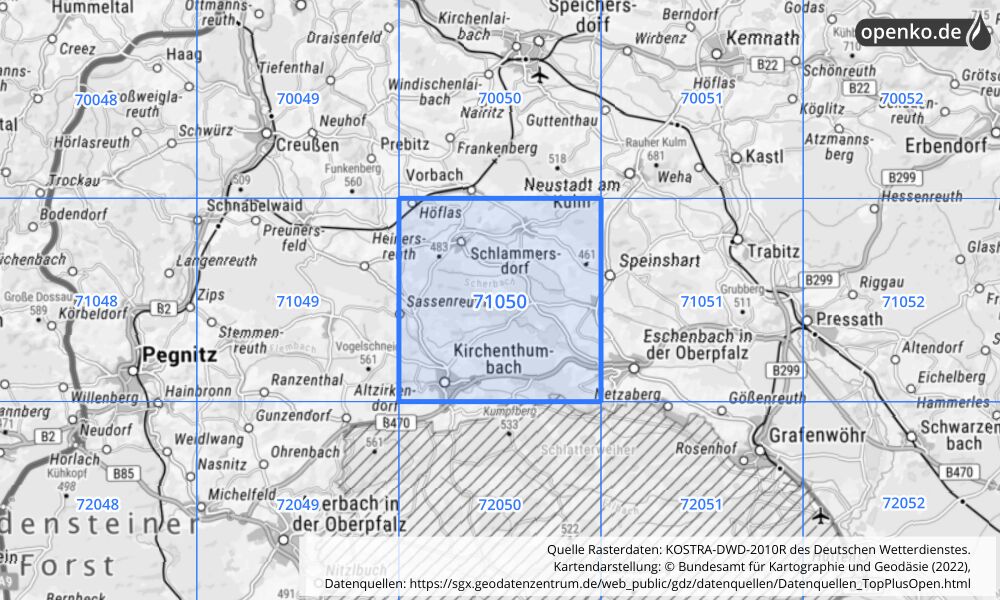 Übersichtskarte KOSTRA-DWD-2010R Rasterfeld Nr. 71050 mit angrenzenden Feldern