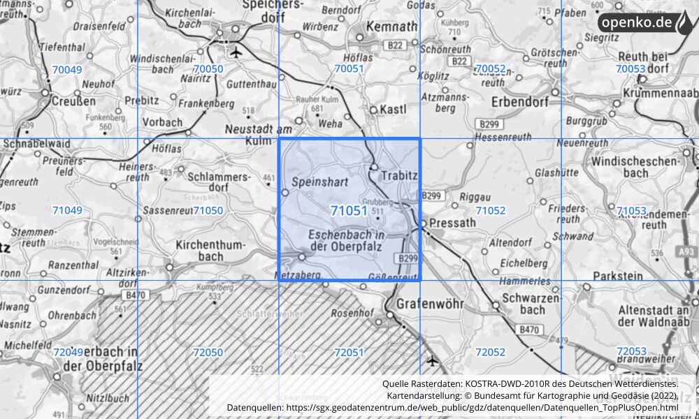 Übersichtskarte KOSTRA-DWD-2010R Rasterfeld Nr. 71051 mit angrenzenden Feldern