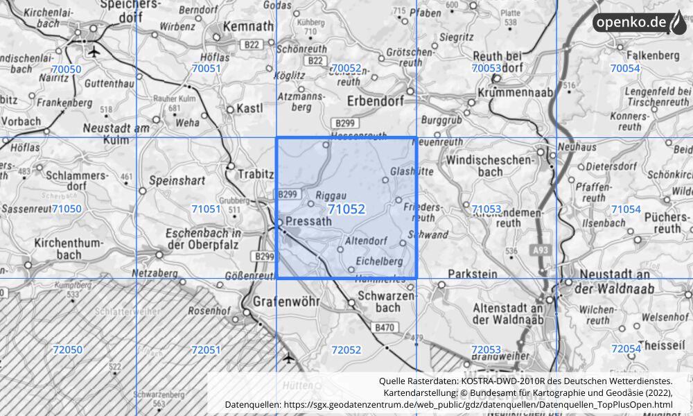 Übersichtskarte KOSTRA-DWD-2010R Rasterfeld Nr. 71052 mit angrenzenden Feldern