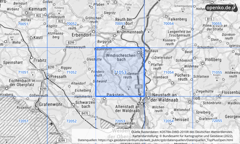 Übersichtskarte KOSTRA-DWD-2010R Rasterfeld Nr. 71053 mit angrenzenden Feldern