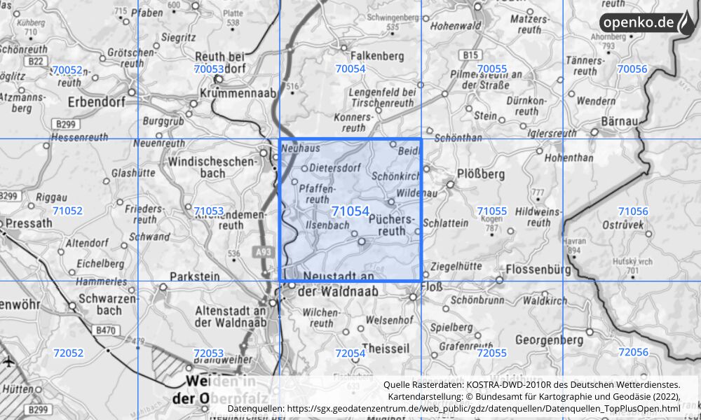 Übersichtskarte KOSTRA-DWD-2010R Rasterfeld Nr. 71054 mit angrenzenden Feldern