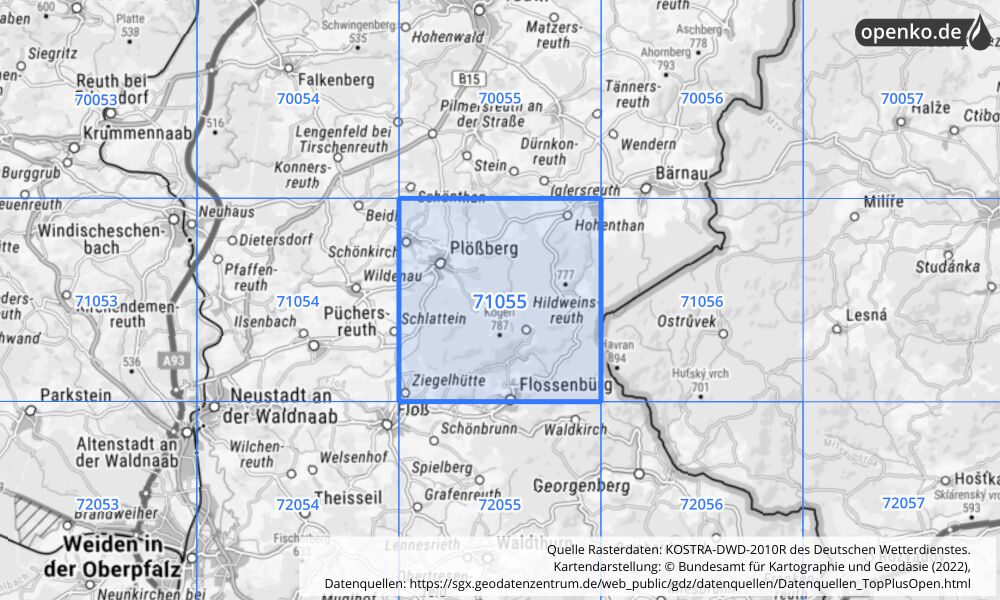 Übersichtskarte KOSTRA-DWD-2010R Rasterfeld Nr. 71055 mit angrenzenden Feldern