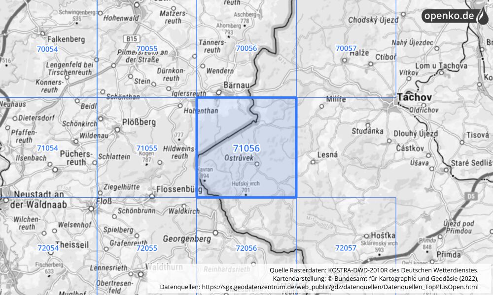 Übersichtskarte KOSTRA-DWD-2010R Rasterfeld Nr. 71056 mit angrenzenden Feldern