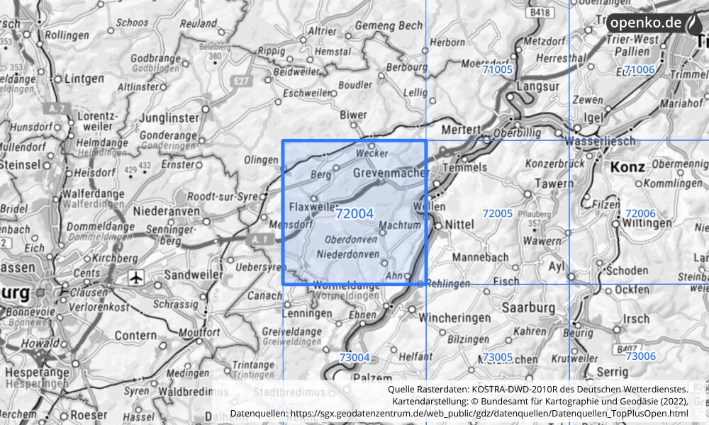 Übersichtskarte KOSTRA-DWD-2010R Rasterfeld Nr. 72004 mit angrenzenden Feldern