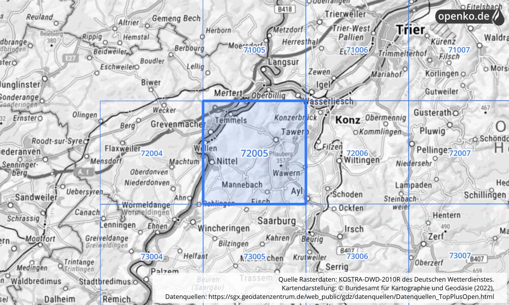 Übersichtskarte KOSTRA-DWD-2010R Rasterfeld Nr. 72005 mit angrenzenden Feldern