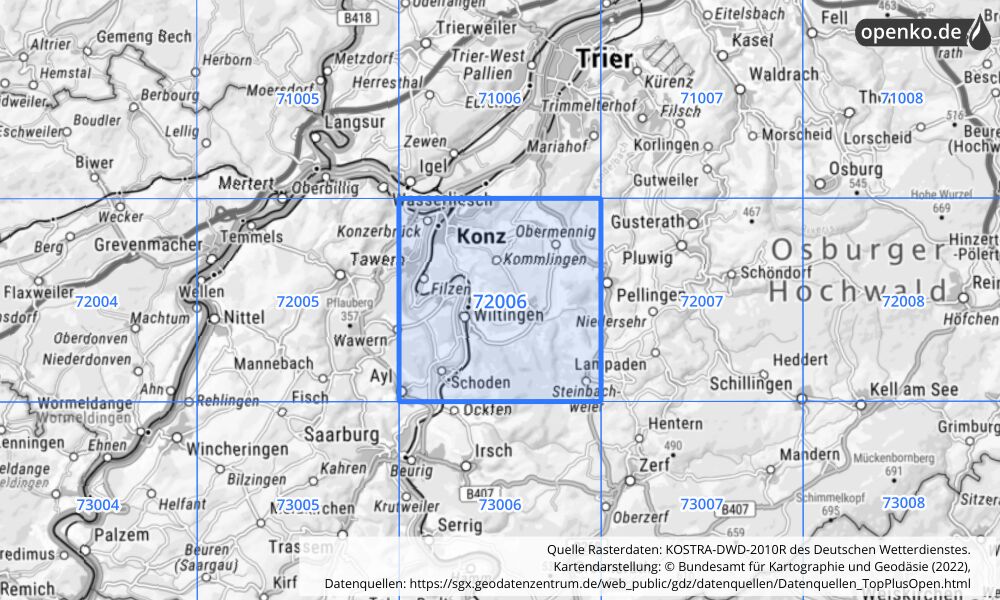 Übersichtskarte KOSTRA-DWD-2010R Rasterfeld Nr. 72006 mit angrenzenden Feldern