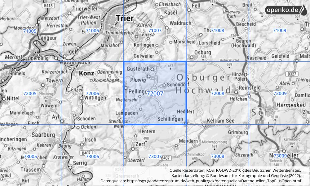 Übersichtskarte KOSTRA-DWD-2010R Rasterfeld Nr. 72007 mit angrenzenden Feldern