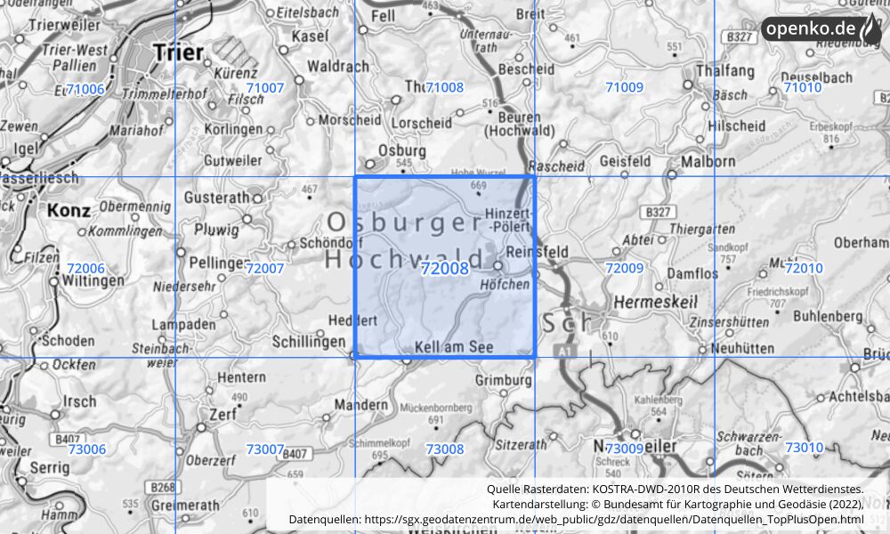 Übersichtskarte KOSTRA-DWD-2010R Rasterfeld Nr. 72008 mit angrenzenden Feldern