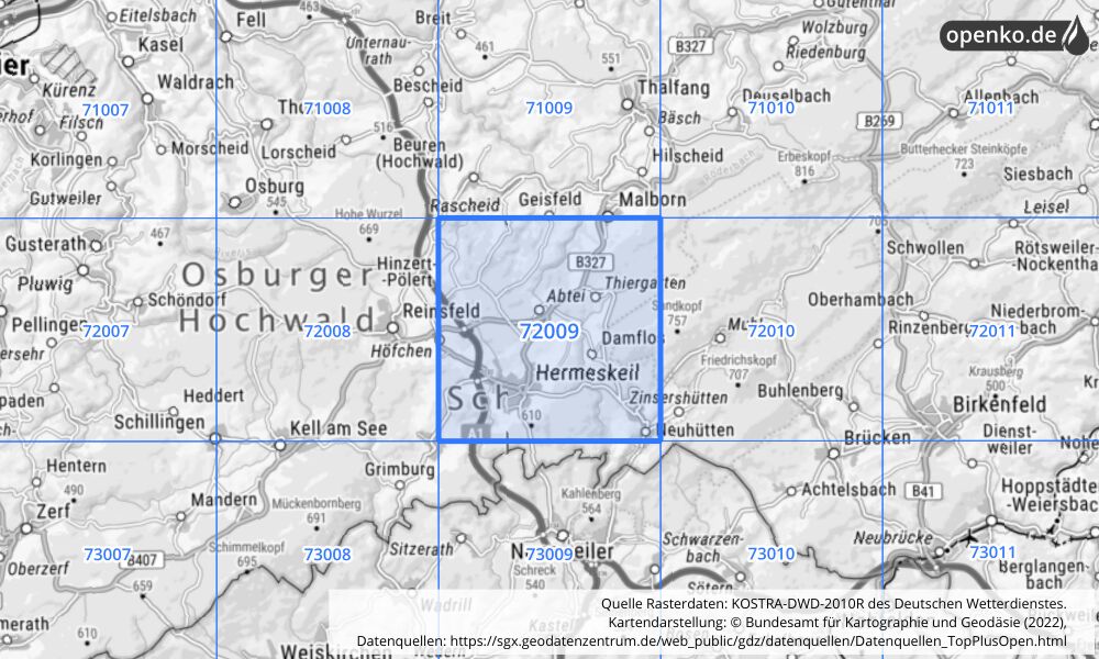 Übersichtskarte KOSTRA-DWD-2010R Rasterfeld Nr. 72009 mit angrenzenden Feldern