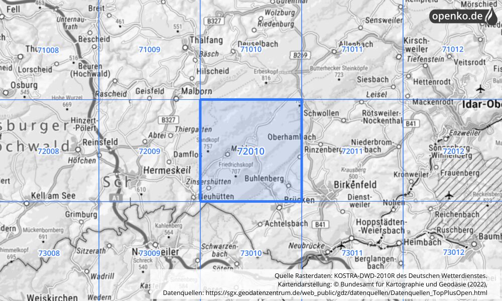 Übersichtskarte KOSTRA-DWD-2010R Rasterfeld Nr. 72010 mit angrenzenden Feldern