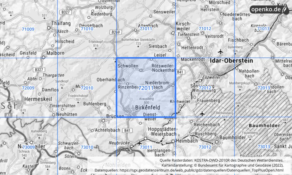 Übersichtskarte KOSTRA-DWD-2010R Rasterfeld Nr. 72011 mit angrenzenden Feldern