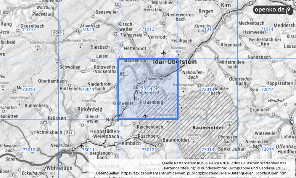 Übersichtskarte KOSTRA-DWD-2010R Rasterfeld Nr. 72012 mit angrenzenden Feldern