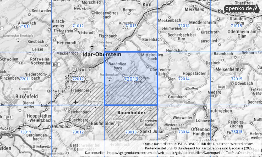 Übersichtskarte KOSTRA-DWD-2010R Rasterfeld Nr. 72013 mit angrenzenden Feldern