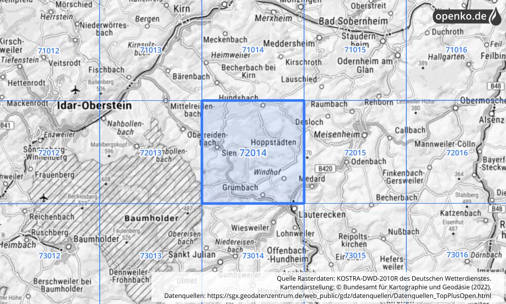 Übersichtskarte KOSTRA-DWD-2010R Rasterfeld Nr. 72014 mit angrenzenden Feldern