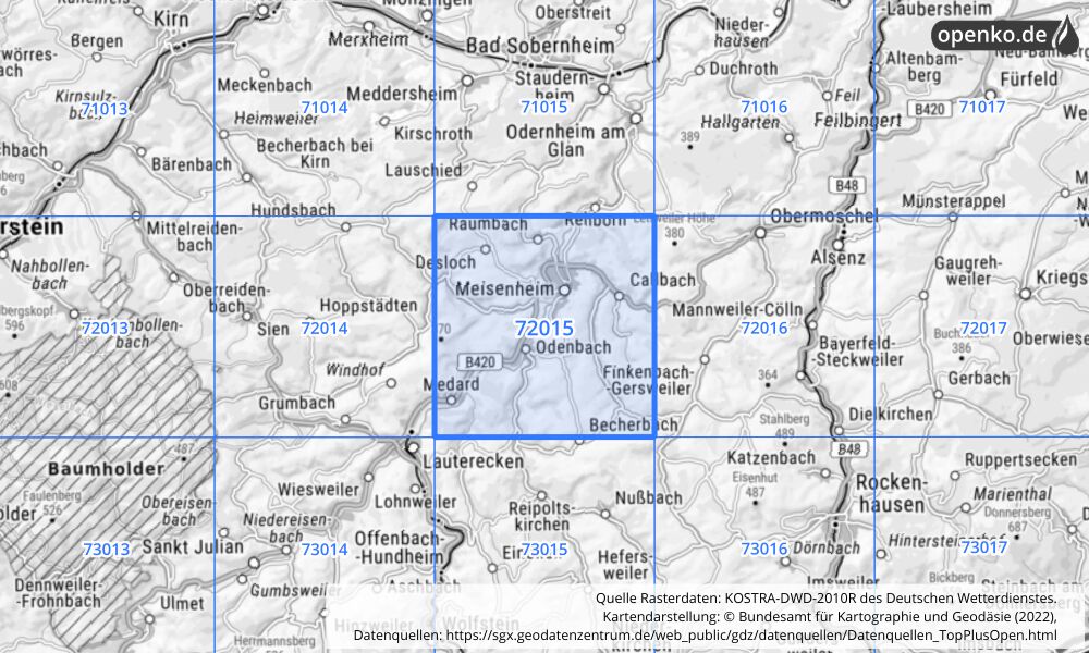 Übersichtskarte KOSTRA-DWD-2010R Rasterfeld Nr. 72015 mit angrenzenden Feldern