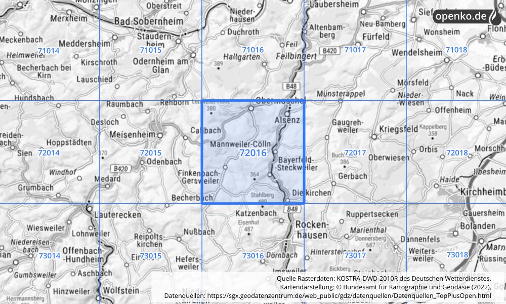 Übersichtskarte KOSTRA-DWD-2010R Rasterfeld Nr. 72016 mit angrenzenden Feldern