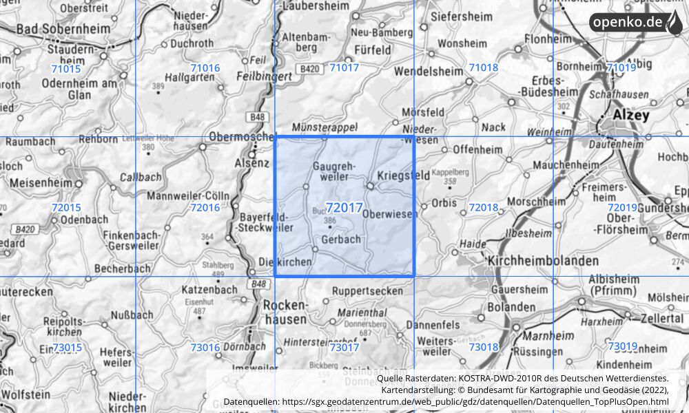 Übersichtskarte KOSTRA-DWD-2010R Rasterfeld Nr. 72017 mit angrenzenden Feldern