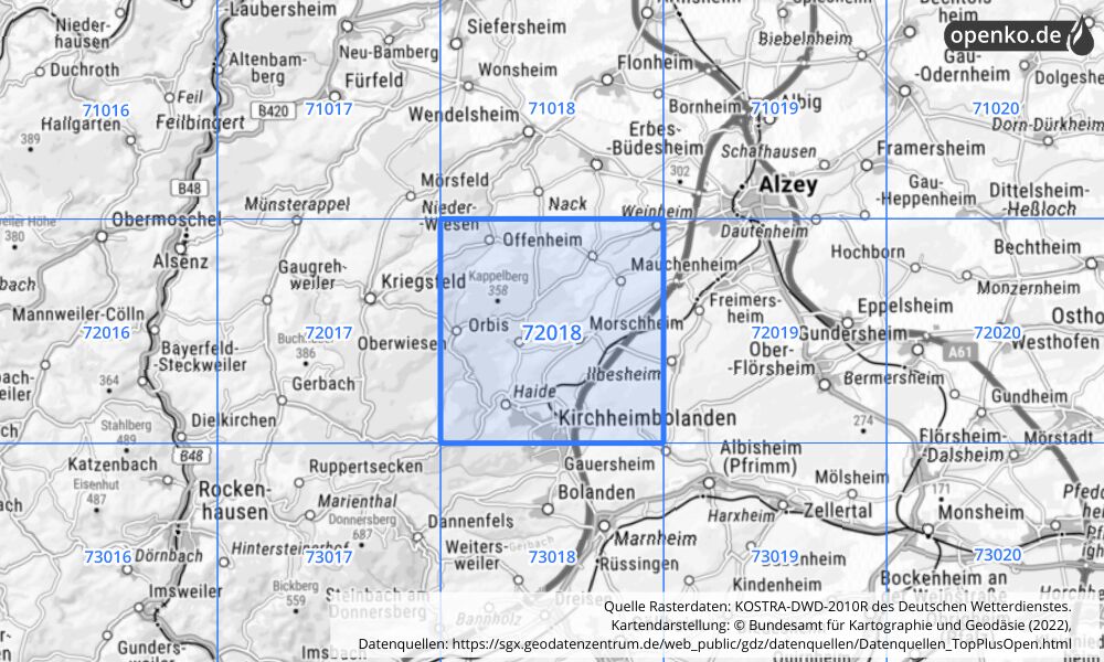 Übersichtskarte KOSTRA-DWD-2010R Rasterfeld Nr. 72018 mit angrenzenden Feldern