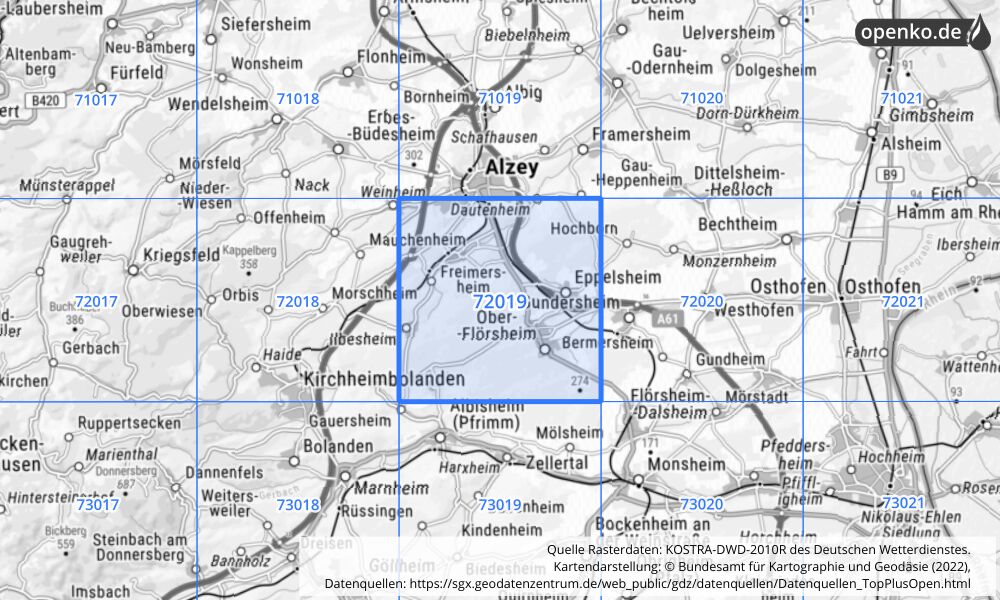 Übersichtskarte KOSTRA-DWD-2010R Rasterfeld Nr. 72019 mit angrenzenden Feldern