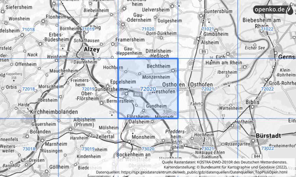 Übersichtskarte KOSTRA-DWD-2010R Rasterfeld Nr. 72020 mit angrenzenden Feldern