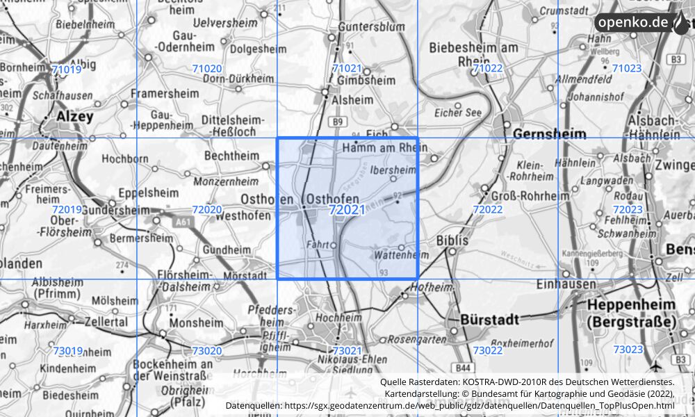 Übersichtskarte KOSTRA-DWD-2010R Rasterfeld Nr. 72021 mit angrenzenden Feldern