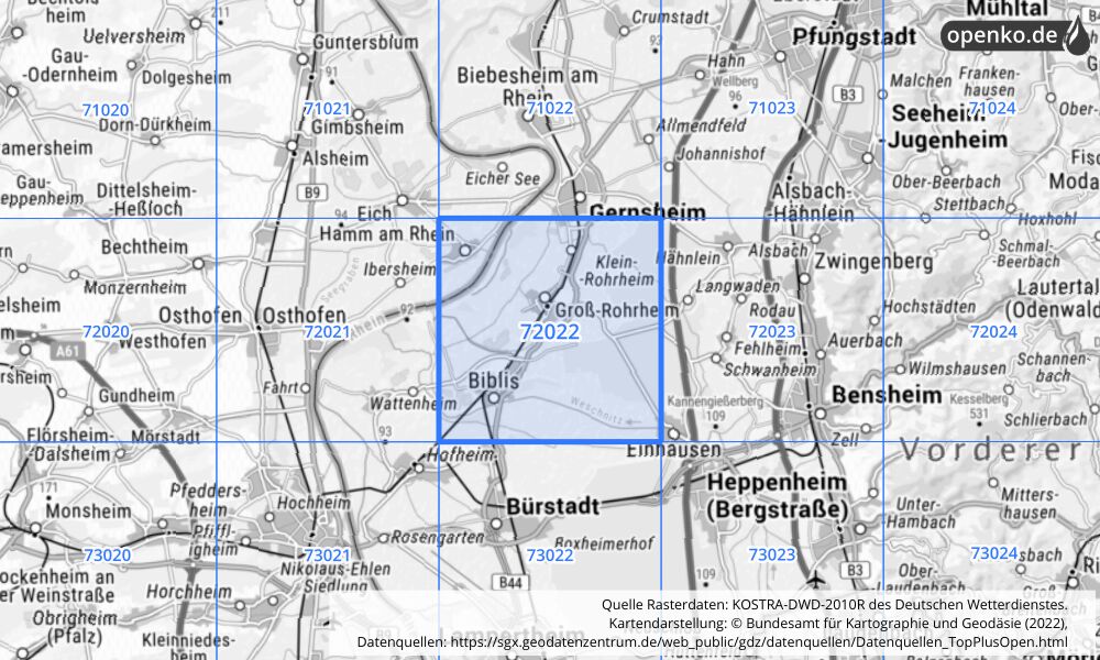 Übersichtskarte KOSTRA-DWD-2010R Rasterfeld Nr. 72022 mit angrenzenden Feldern