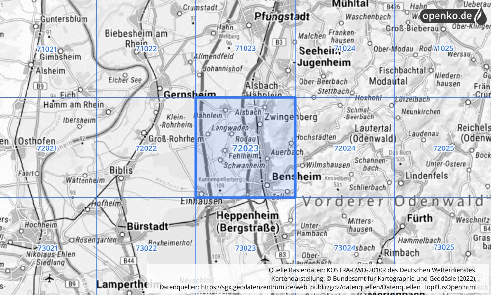 Übersichtskarte KOSTRA-DWD-2010R Rasterfeld Nr. 72023 mit angrenzenden Feldern